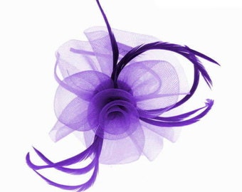 Purple swirl mesh and feather fascinator headband, weddings, races prom