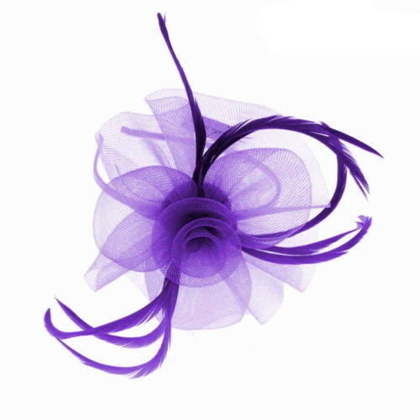 Purple swirl mesh and feather fascinator headband, weddings, races prom