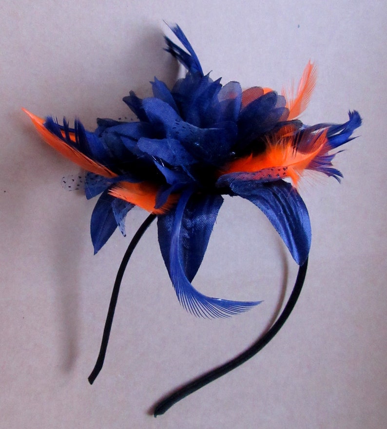 Navy and orange feather fascinator headband, weddings, races, ladies day image 2