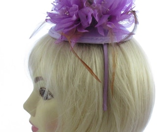Lilac/purple flowers and ribbon on a juliet cap and headband, Weddings, Races,Ladies Day