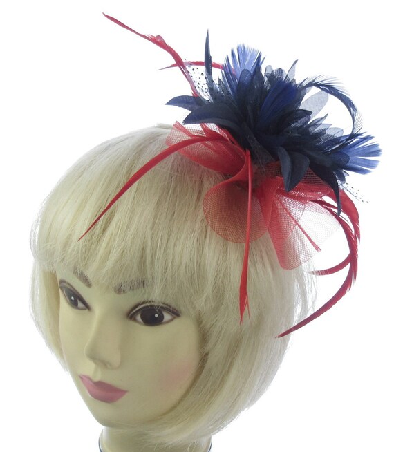 Blue and red  fascinator with tiny beads  hair clip Prom Weddings Races 