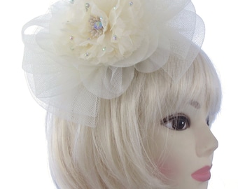 Large cream mesh and chiffon hair fascinator clip weddings, races . prom , church ladies day