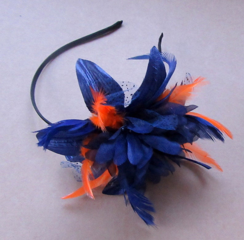 Navy and orange feather fascinator headband, weddings, races, ladies day image 4