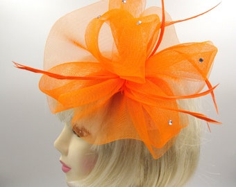 Big Orange fascinator clip with crystals, Ascot Races, weddings,ladies day