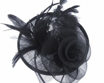 Large Black formal hat with headband weddings,funeral, ladies day prom Ascot Races