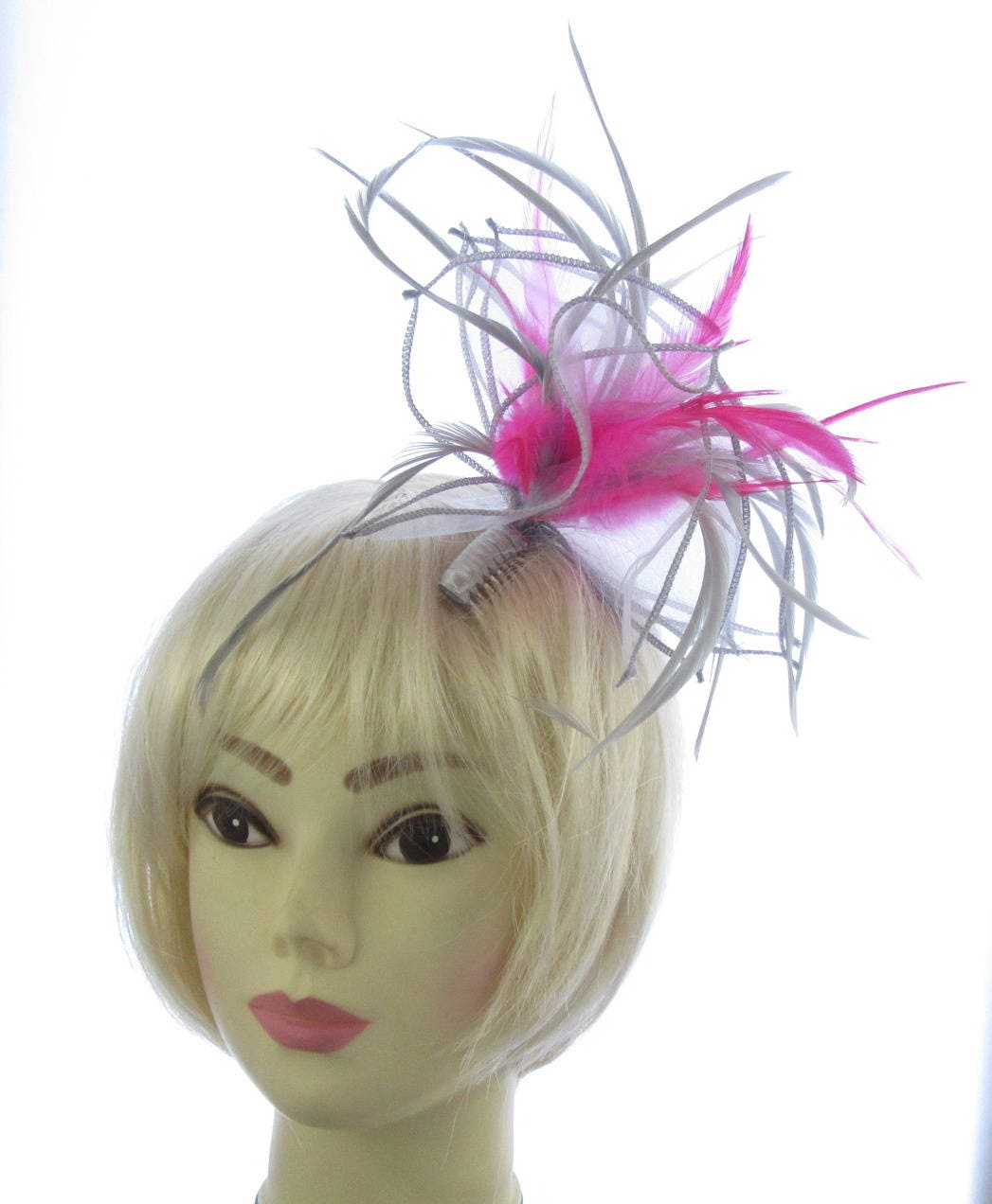 Silver grey and hot pink fascinator comb weddings races Etsy