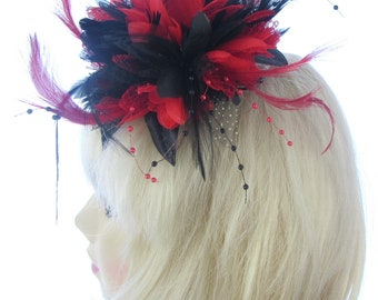 Black and red  bead and feather fascinator comb , weddings, races prom