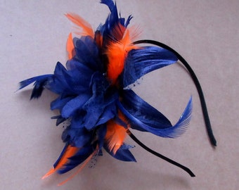 Navy and orange feather fascinator headband, weddings, races, ladies day