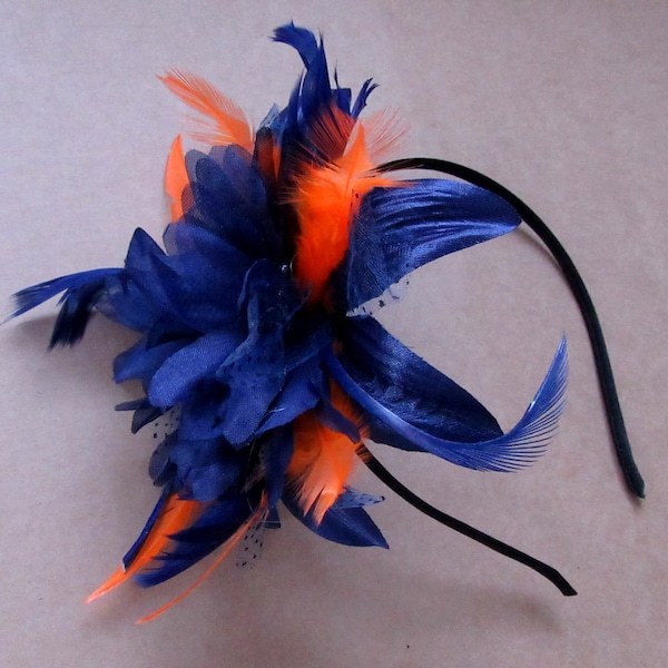 Navy and orange feather fascinator headband, weddings, races, ladies day