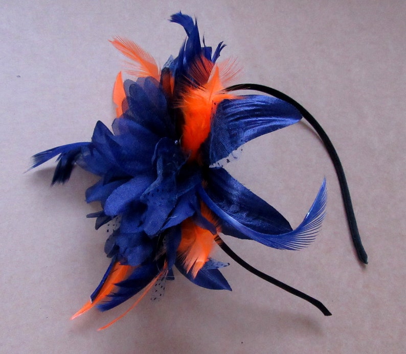 Navy and orange feather fascinator headband, weddings, races, ladies day image 1