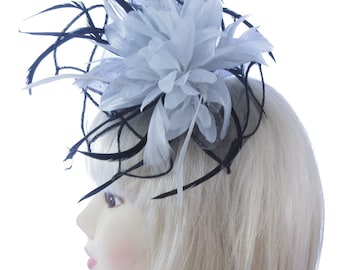 Black and silver grey hair fascinator  clip weddings, races . prom , church ladies day