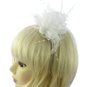 white fascinator lace and feather headband, weddings, races, prom