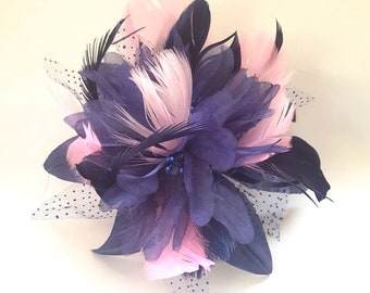 Navy and rose pink fascinator on a comb, weddings races prom