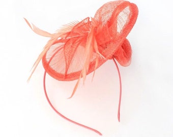Coral curled fascinator on an aliceband,weddings, races,ladies day prom