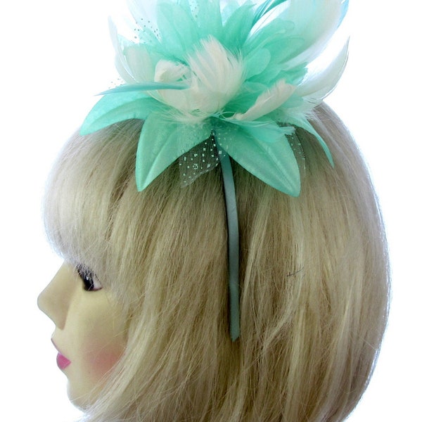 Aqua green with cream fascinator headband weddings, races prom