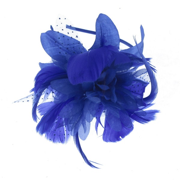 Royal blue flower and feather headband fascinator weddings, races prom ladies day