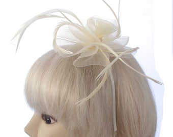 Cream swirl mesh and feather headband fascinator , weddings, races, prom