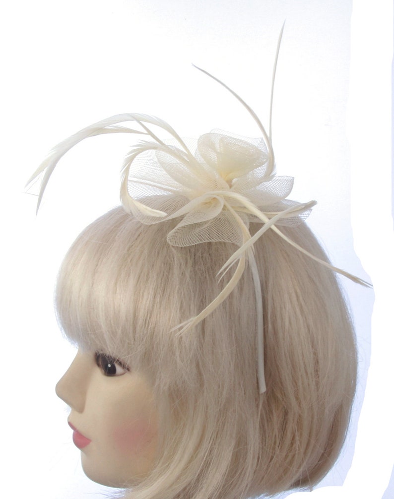 Cream swirl mesh and feather headband fascinator , weddings, races, prom image 1