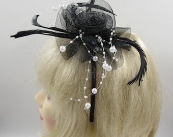 Fascinator nero con perle pendenti, fascia per capelli, matrimoni, gare, ballo di fine anno