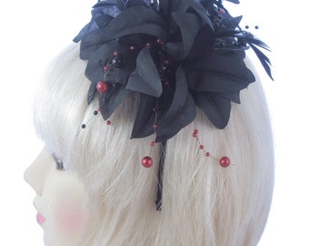 Black and red hanging  beaded fascinator headband, weddings, races prom ladies day