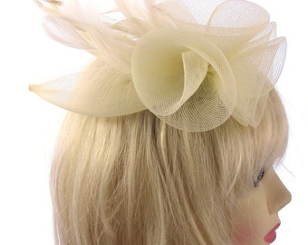 Large cream mesh and feather fascinator comb, weddings, races, prom ladies day