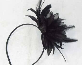 All black flower and feather facinator headband , weddings,races,prom.