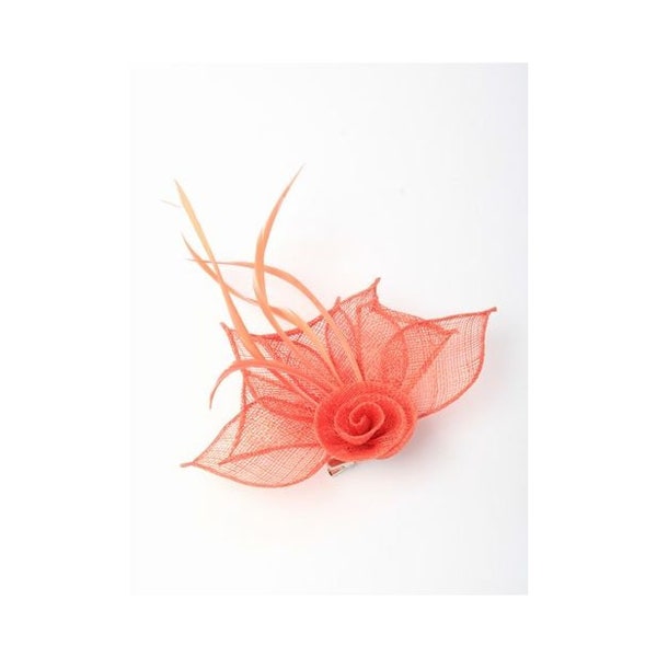 Small coral  sinamay fascinator clip and pin , weddings, races adies day