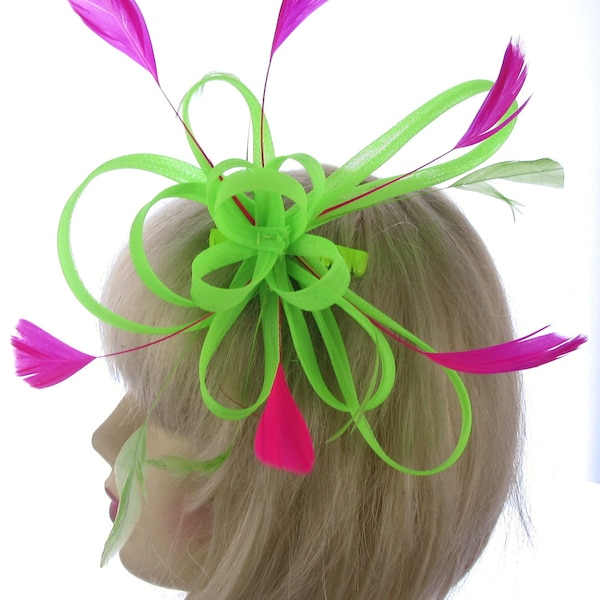 Neon green and fushcia feathers fascinator comb, special occasions