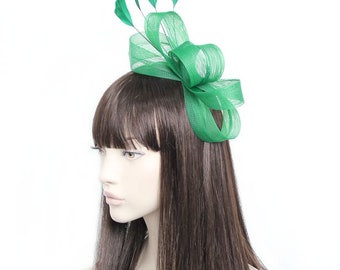 Forest Green looped net and feather  facinator hat headband, weddings, races prom