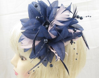 Navy and pale pink  with beads fascinator clip,weddings, races