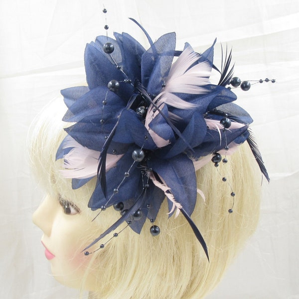 Navy and pale pink  with beads fascinator clip,weddings, races