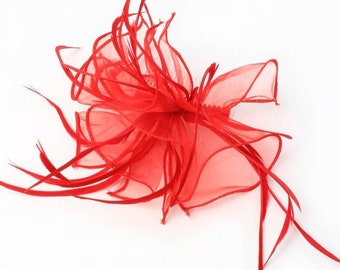 Red looped fabric and feather fascinator comb ,weddings, races, prom ,ladies day