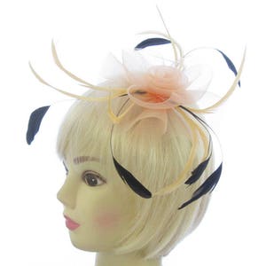 Peach mesh and black feather fascinator clip, weddings, races, ladies day image 2