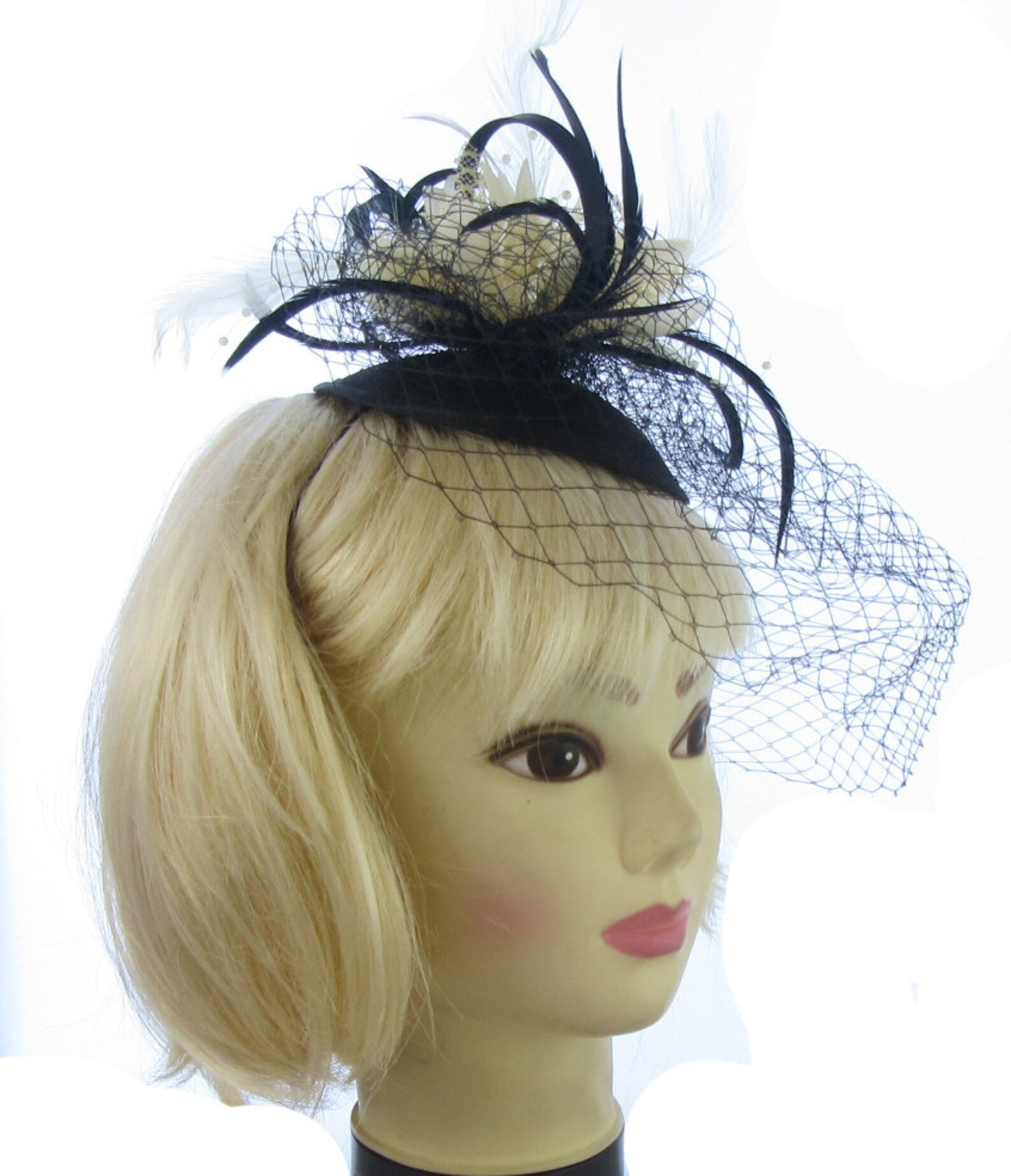 Black and Cream Fascinator Hatinator Hat With Netting Comb and Etsy