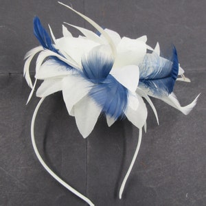 white and navy fascinator headband weddings, races prom image 1