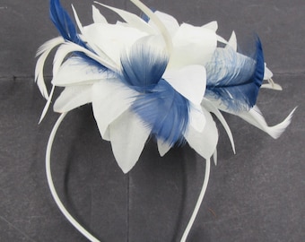 white and navy fascinator headband weddings, races prom