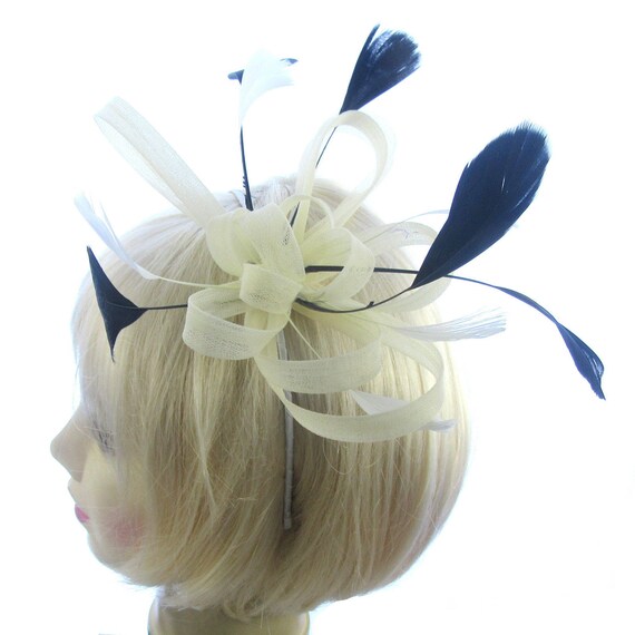 weddings races Cream fascinator swirl with black feathers headband