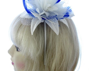 off white  and royal blue fascinator headband weddings, races prom