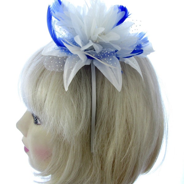 off white  and royal blue fascinator headband weddings, races prom