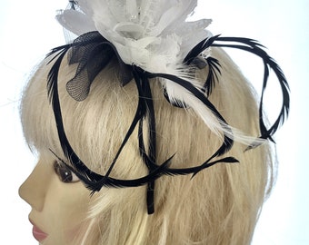 Black and  white flower fascinator headband weddings,races prom