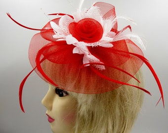 Red and White fascinator clip.weddings, races prom,ladies day