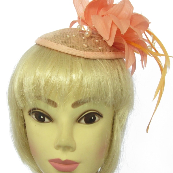 Peach fascinator sinamay cap and headband,weddings, races prom
