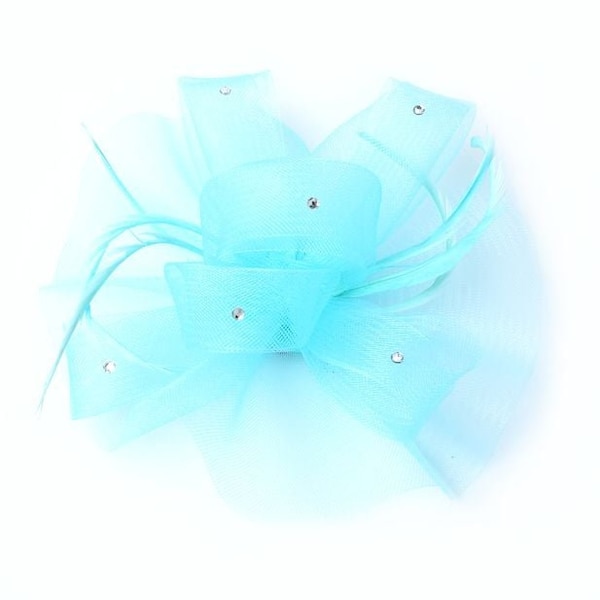 Aqua looped net and feather fascinator with gem detail on a beak clip,weddings,races,prom