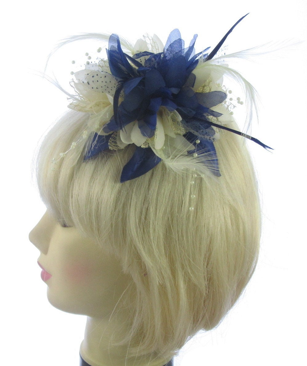 Navy blue and cream fascinator comb wedding Ascot races Etsy