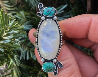 SALE//Triple Stone Hubei Turquoise// Rainbow Moonstone// Statement Ring