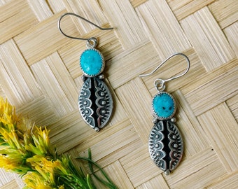 Sterling Silver // Kingman Turquoise Stone // Hand-Stamped // Dangle Earrings