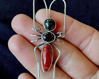 Sterling Silver // Star Obsidian, Onyx & Coral // Bug // Grasshopper // Multi-Stone // Lapel Pin // Brooch