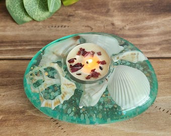Tea Light Holder with Seashells, hand poured resin beach decor