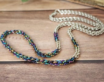 Handmade sterling silver and niobium chainmail necklace , 17 inches