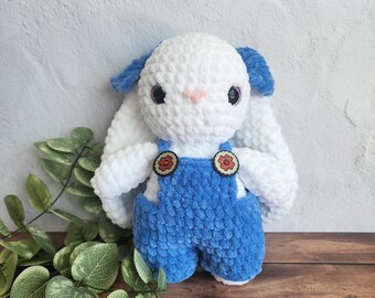 Plush Bunny in Overalls, 9" tall, handmade crochet